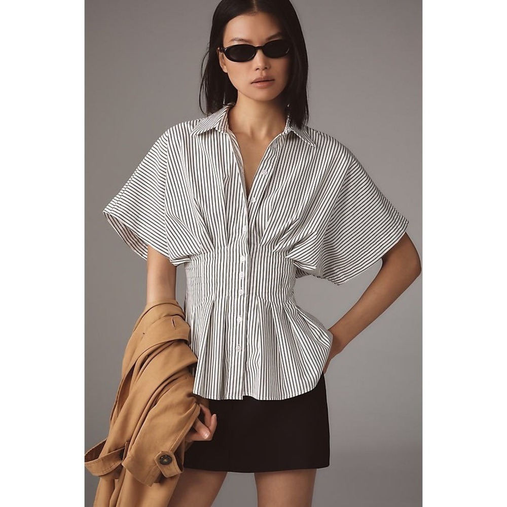 Anthropologie Exquise The Tobie Pleated Blouse Short-Sleeve Black Stripe 1X